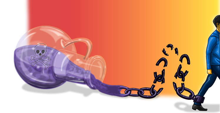 an illustration of a bottle of poison attached to a chain holding back a person, the chain is broken in the middle